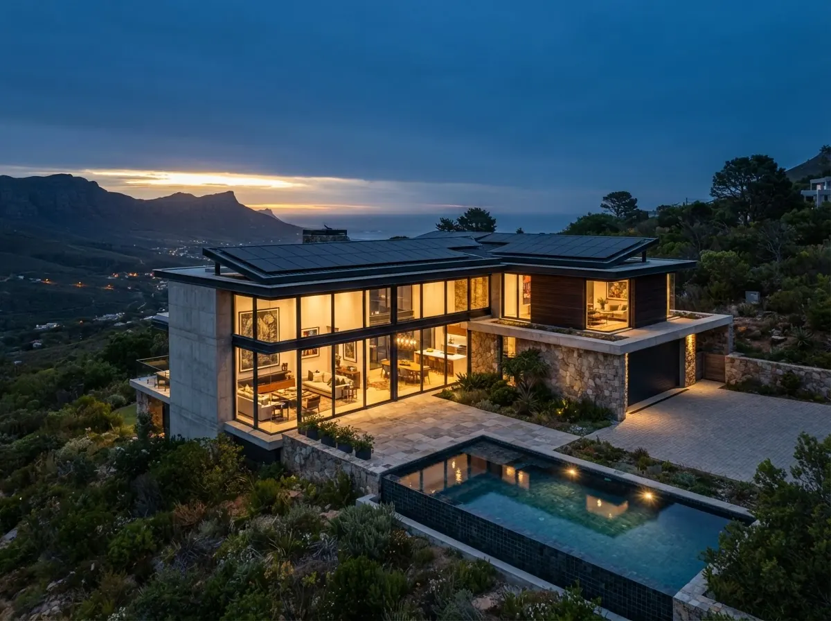 Fairland Residence rooftop solar array at dusk