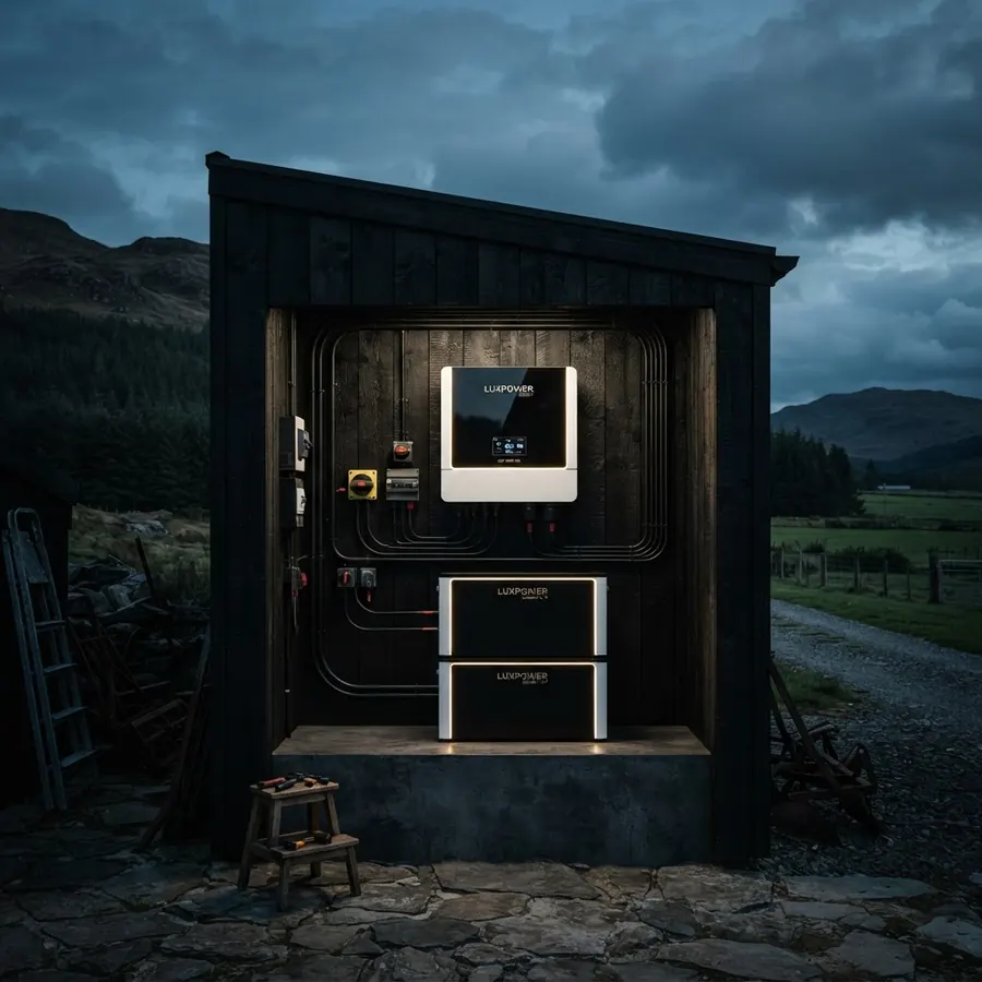 Off-grid battery and inverter room on a farm